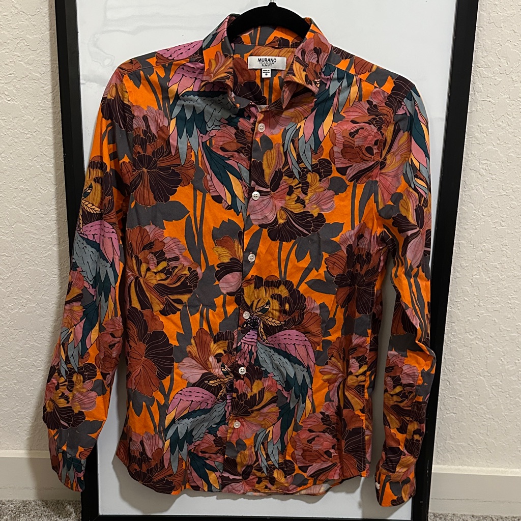Murano Men's Orange And Pink Floral Dress Shirt